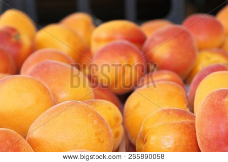 View Close-up Of Fresh Peaches. Juicy Peaches. A Lot Of Peaches.