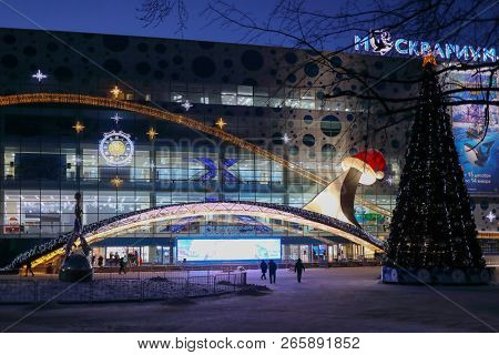 MOSCOW - JAN 9, 2018: Illuminated Moskvarium at night, christmas tree
