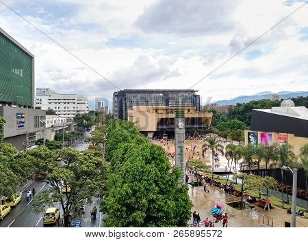 Medellin, Antioquia, Colombia - 06/26/2017: View Of A Public Square In Medellin, Colombia. Parque De