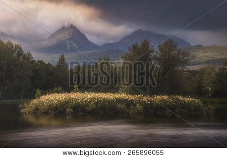 Strba Pond With Little Island Full Of Flowers Lit By Golden Light At Sunset With High Tatras Mountai