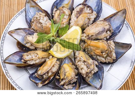 Midye Dolmasi, Stuffed Mussels, Turkish Food Isolated On White Background