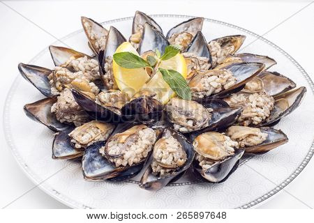 Midye Dolmasi, Stuffed Mussels, Turkish Food Isolated On White Background