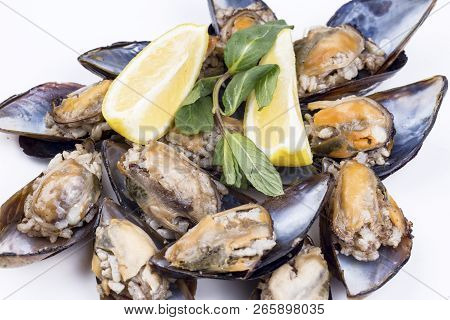 Midye Dolmasi, Stuffed Mussels, Turkish Food Isolated On White Background