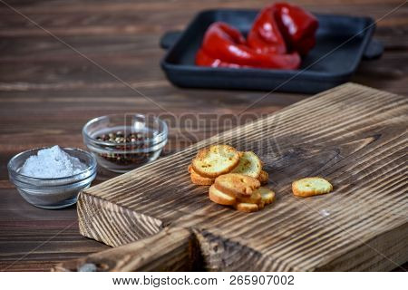 Spicy Crispy Rye Crouton Bread Selective Focus.