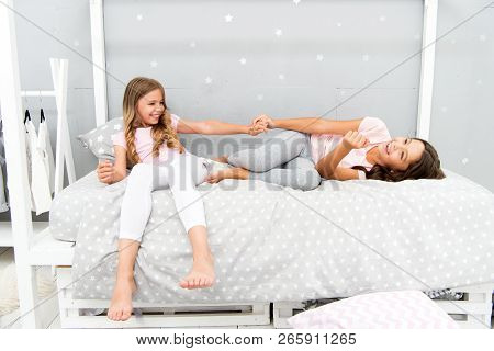 Joy And Happiness. Kids Girls Sisters Best Friends Full Of Energy In Cheerful Mood. Good Morning Con