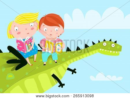 Cute Children Flying In The Sky Fairy Tale Dragon Reading Books.