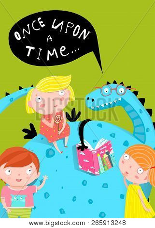 Fairy Tale Dragon Reading A Book To Kids Cartoon.