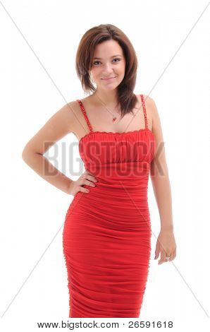 Femme sexy en robe rouge. Isolated over white.