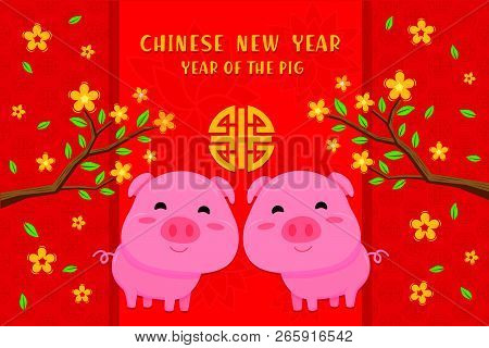 Happy Chinese New Year 2019 Year Of The Pig. Chinese Characters Mean Happy New Year, Wealthy, Zodiac