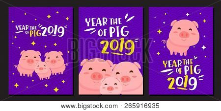 Happy Chinese New Year 2019 Year Of The Pig. Chinese Characters Mean Happy New Year, Wealthy, Zodiac