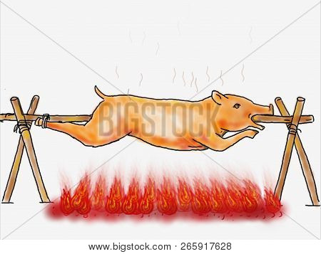 2d Animation Motion Graphics Showing A Drawing Of A Pig Or Lechon Placed Over Charcoal Fire On The S