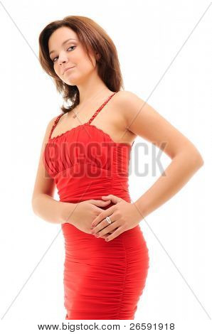 Femme sexy en robe rouge. Isolated over white.