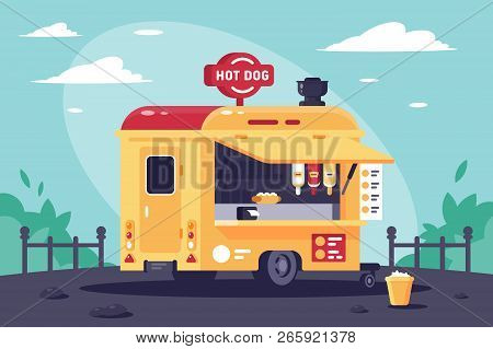 Mobile Stall With Hot Dogs At Work In The Park. Concept Fast Food On Wheels, Lunch Break.vector Illu