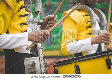 Marching Band Drummers Perform In School Parade