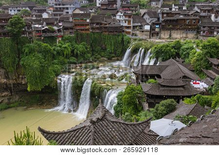 Furong, China - May 29, 2018: Furong ancient village and waterfall in Hunan.