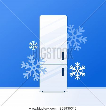 Fridge Home Appliances With Snoflakes. Frosty Freshness Concept Freezer. Vector Illustration White R