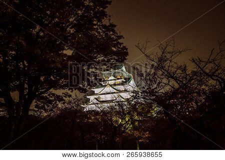 Osaka Castle Night Illumination, Osaka, Japan - November 2017 : Osaka Castle Decorated In Reminiscen
