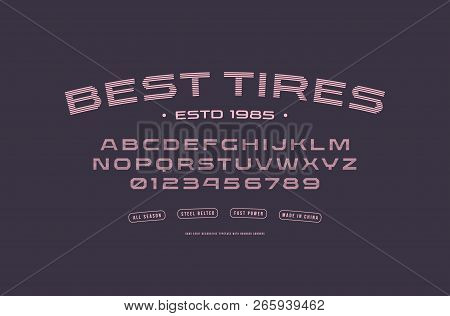 Stock Vector Sans Serif Extended Striped Font, Alphabet, Typography. Letters And Numbers For T-shirt