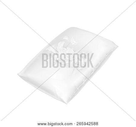 3d Realistic Torn Square Pillow. Template, Mock Up Of White Fluffy Comfortable Cushion With Feathers