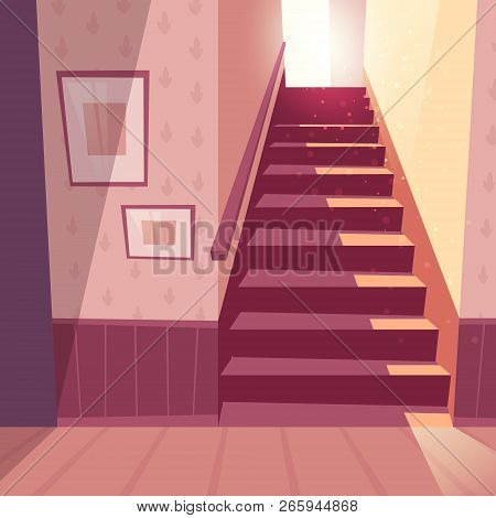 Illustration Of Staircase In House. Home Inside With Light From Window And Shadows On Steps. Front V
