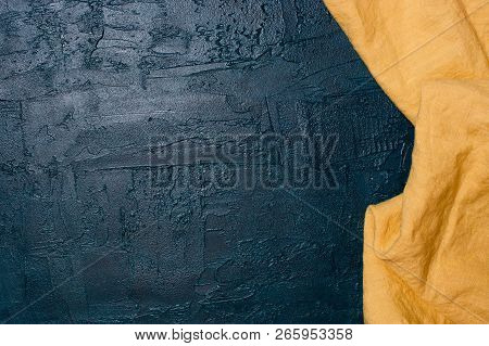 Navy Blue Kitchen Background With Yellow Napkin, Copy Space