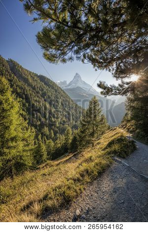 Famous Matterhorn Peak Against Sunset In Zermatt Area, Switzerland