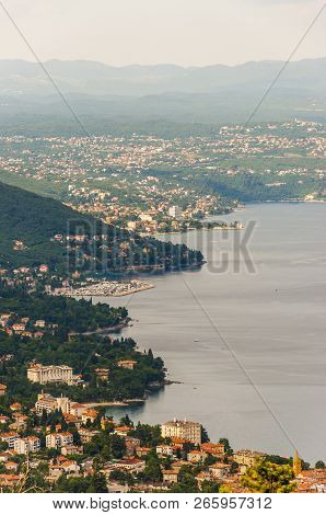 Panorama View From Istria Mountains On Lovran Opatija And Rijeka, Eastern Coast Of Istria, North Cro