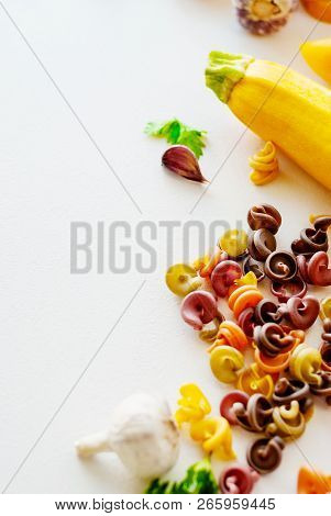 Italian Food Concept. Ingredients For Pasta. Natural Dyes For Pasta Tomato, Spinach, Carrots