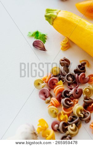 Italian Food Concept. Ingredients For Pasta. Natural Dyes For Pasta Tomato, Spinach, Carrots