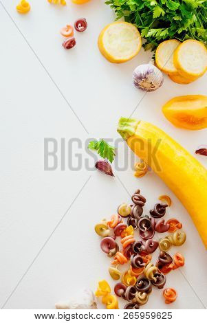 Italian Food Concept. Ingredients For Pasta. Natural Dyes For Pasta Tomato, Spinach, Carrots