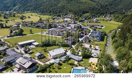 Aerial View Of A Village In The Alpine Mountains, Lofer, Austria