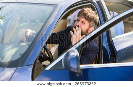 Smoking Bans In Private Vehicles. Man Bearded Businessman Smoking Cigarette While Sit In Car. Driver