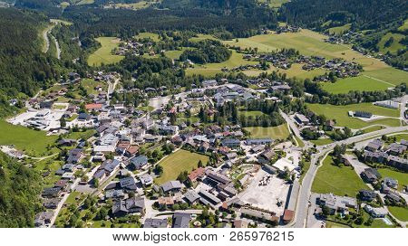 Aerial View Of A Village In The Alpine Mountains, Lofer, Austria