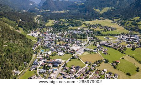 Aerial View Of A Village In The Alpine Mountains, Lofer, Austria
