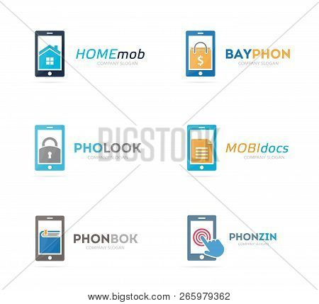 Set Of Phone Logo Combination. Mobile And Gadget Symbol Or Icon. Unique Telephone And Cellphone Logo