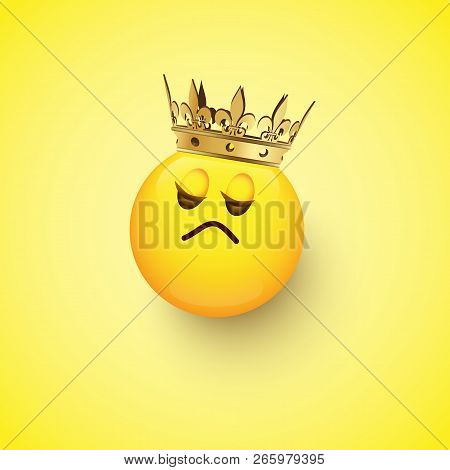 Haughty Emoji With Crown Isolated On Yellow Background. Vector Design Element.