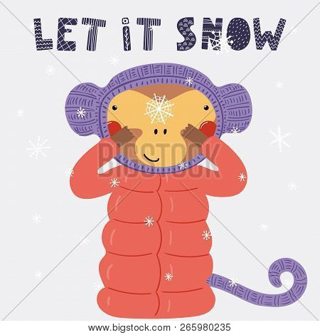 Hand Drawn Vector Illustration Of A Cute Funny Monkey Watching Snowflakes Outdoors In Winter, With T