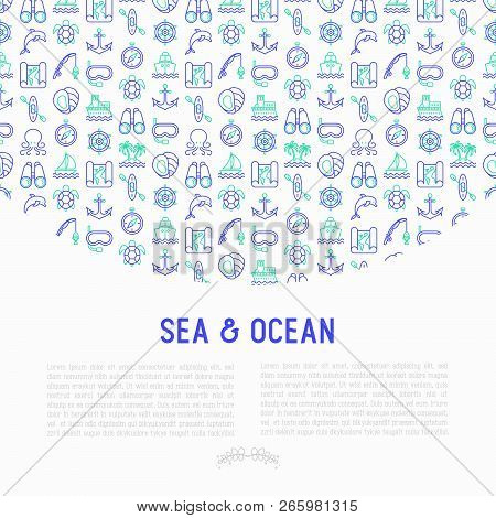 Sea And Ocean Journey Concept With Thin Line Icons: Sailboat, Fishing, Ship, Oysters, Anchor, Octopu