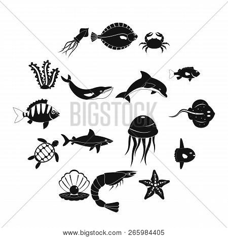 Sea Animals Icons Set. Simple Illustration Of 16 Sea Animals Icons For Web