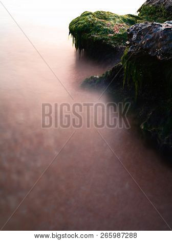 Coastal Ocks Covered With Green Sea Weed And A Lot Of Copyspace On Defocused Water Surface Looks Lik
