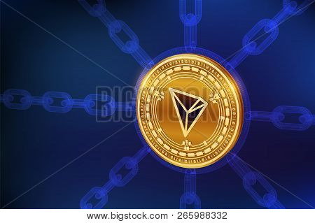 Tron. Crypto Currency. Block Chain. 3d Isometric Physical Tron Coin With Wireframe Chain. Blockchain