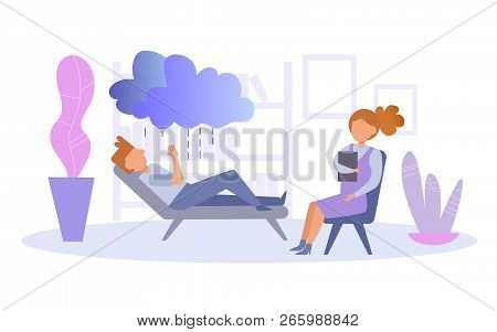 Session With A Psychotherapist Vector. Cartoon. Isolated Art On White Background. Flat