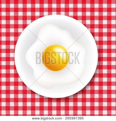 Red And White Ingham Tablecloth With Plate And Fried Egg 