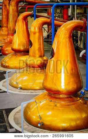 Detail Of Copper Distillery Pot Stills, Industrial Process Of Whisky Making