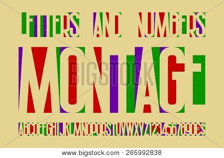 Montage Colorful Letters And Numbers With Currency Signs. Colored Cuttings Letters Font.