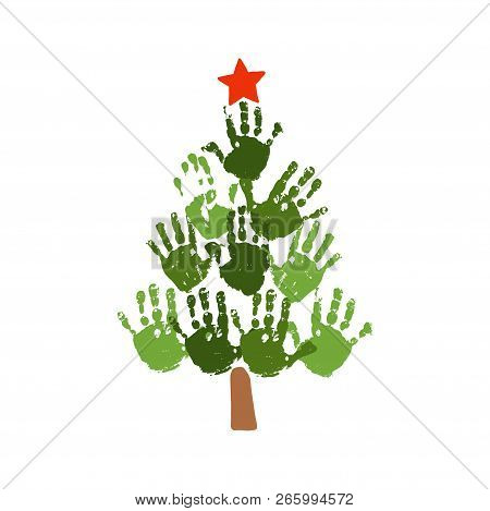 Christmas Tree Of Handprints With Red Star. Watercolor Acrylic Kids Christmas Art. Children Christma