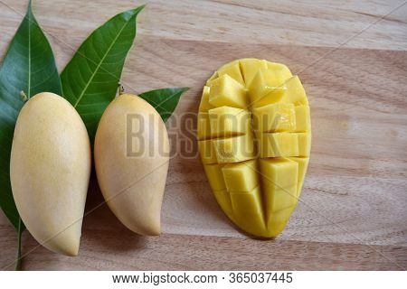 Mango. Tropical Fruits On A Wooden Background. Fresh Beautiful Mango Fruit With Sliced Diced Mango C