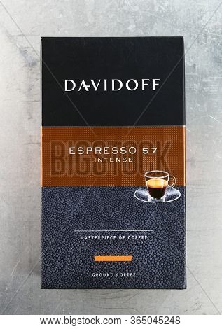Warsaw, Poland - March 9, 2020:espresso 57 Roasted Ground Coffee, On A Gray Steel Background.