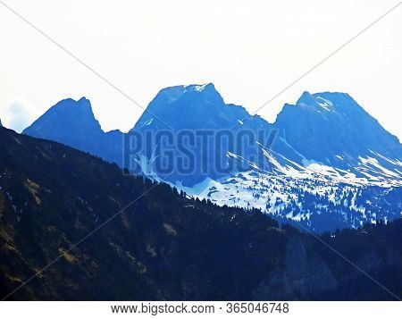 Alpine Peaks Chrummenstein, Alvier And Gauschla In The Alvier Group Mountain Range, Between The Rhei