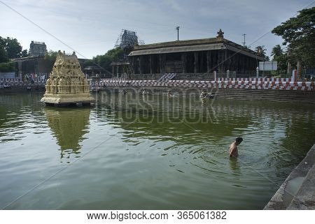 Kanchipuram Tamilnadu / India  Sep 11 2011 Mandapam Inside The Water Pond Of Varatharaja Perumal Tem